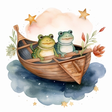 cute Cottagecore frog and toad in a boat on a pond with celestial accents, Clipart, watercolor, white background with margins