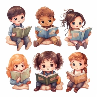 many different nationality Cute little children reading a book, folk art, watercolor, clipart elements, kawaii, white background