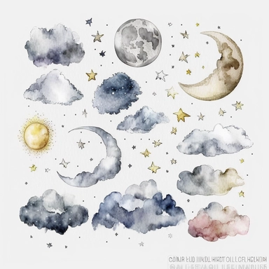 clouds, moon,stars, watercolor,all white background, clipart