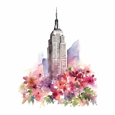 Empire State building clipart, watercolor style, surrounded by flowers, white background
