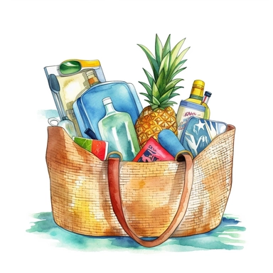 watercolor clipart of a stylish beach bag filled with essentials for a tropical getaway, hd, white background q 2