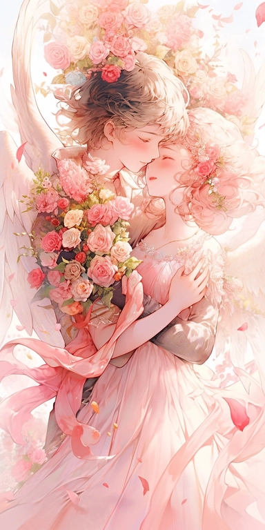 Water color beautiful wild roses fantasy art, Soulmates, couple, with beautiful face and perfect eyes with flowers, angel wing, chibi kawaii animated style, vivid vibrant colors, intricate detail, hyper detailed, hyper quality, 32K, unreal engine, isolated on white background, kawaii, clipart