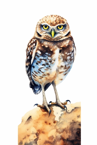 burrowing owl, use a combination of vibrant colors and subtle variations in color to capture the freshness and vitality of the scene. Let the transparent and flowing nature of watercolors add a sense of lightness and movement to the painting, clipart, plain isolated white background, 8k ultra detail high sharpness