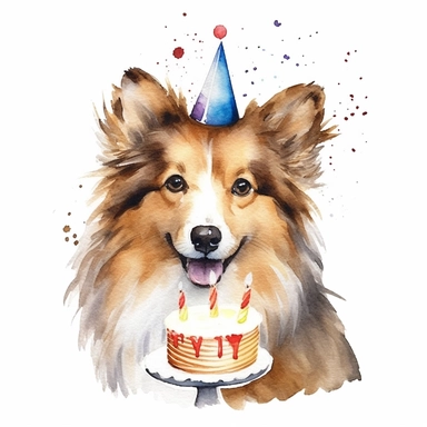 watercolor, clip art, a Shetland Sheepdog wearing a party hat and eating cake, birthday, happy face, isolated on a white background