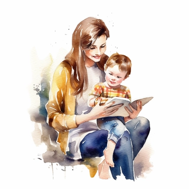 watercolor art of A mother and child sitting together, reading a book or playing a game, clipart, white background, 8k