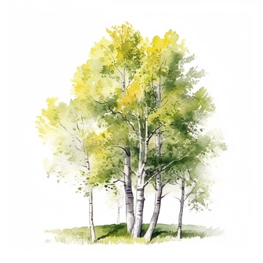 Watercolor single Spring aspen Tree, Clipart, springtime oak forest, grass, forest, white background, 8k, hyper - detailed, perfect proportions, bright colors, clean white background