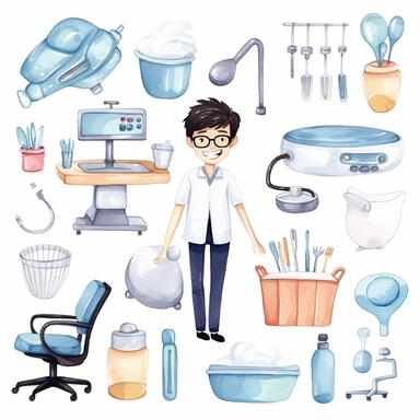 man dentist dental accessories, dentist drills teeth, dental accessories dental chair dental lamp Cute kawaii watercolor white background clipart set single elements with margin