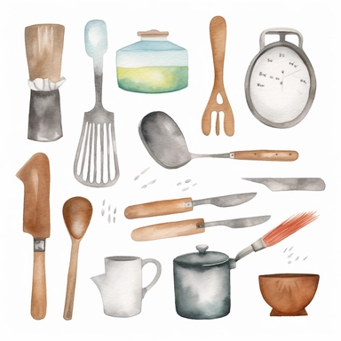 basic watercolor kitchen tools in minimal hand drawn style, Etsy, textured, clipart, white background