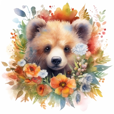 watercolor, hyper realistic, white background, white margins, 16k, ultra detailed clipart, cut out image, hand-drawn a bear surrounded by flowers and plants, in the style of rainbowcore, minimalist brush work, depictions of animals, lith printing, light amber and green, playful use of negative space, children's book illustrations
