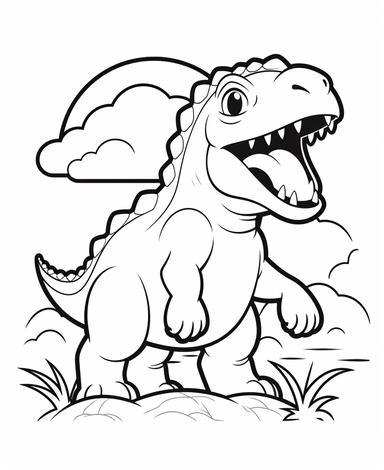 coloring page for 3 year old kids, cute and simple clipart of a Tyrannosaurus rex, simple background with clouds and grass, side view, japanese anime kawaii style drawing, friendly expressions and poses, minimalistic aesthetic, simple outline art, simple detail, crisp and bold lines, continuous line drawing, black and white only, no shading, no fill, no grayscale, white background, 2D drawing, Coloring page style: Printable coloring page