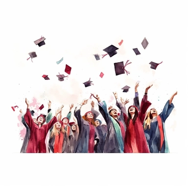 watercolor style, Graduation hat toss: Clipart showing a group of graduates throwing their caps in the air, celebrating the completion of their studies. clearly visible faces of participants. clipart, isolated on white background, 4K