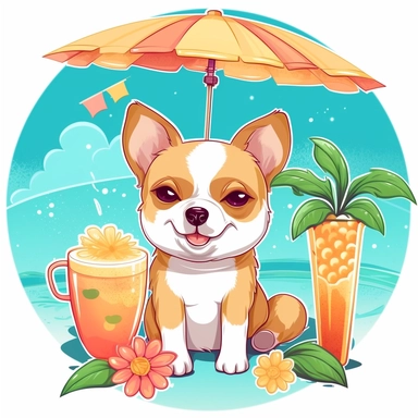 Cute dog Sipping a tropical drink with a mini umbrella, clipart Summer dog Beach summer vibes, Kawaii digital clipart Funny dog