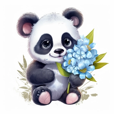 cute fluffy baby panda holding a flower, disney style, clipart on white background, no shading, clear outlines