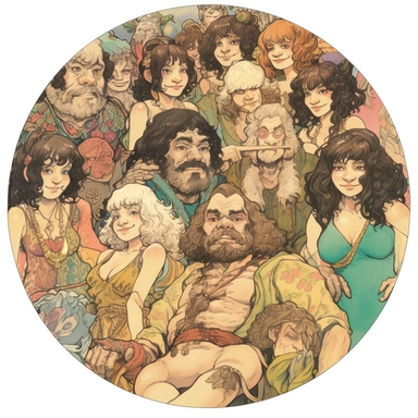 Josh Kirby's drawing depicting a crowd of cheerful onsen festival party-goers in swimsuits and yukata, European African Persian Orc Dwarf Elf, Josh Kirby Mad Max Lord of the Rings, handpainted enamel punk zine indie retrowave, clipart illustration full body character art, circular solid background, circular border