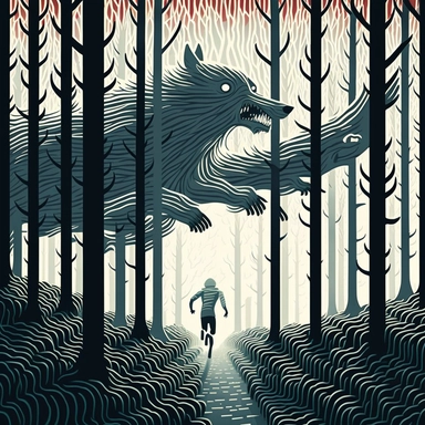 in the style of John Kenn Mortensen, trail runner with wolf head, through white birch forest, chased by monsters, ghosts, animals, spooky, colorful, white background, magical, fantasy, vector, clipart, elaborate, ultra-detailed, best quality, well composed, vibrant color tone, trending on artstation, elaborate, cinematic lighting, vibrant colors, high definition