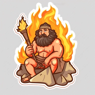 Sticker Clip Art of Hephaestus forging, Volcano, God Smith, ancient greece, children friendly, illustrated in a playful style with a friendly expression, perfect for any special occasion, cut out in the shape of Hephaestus and his Forge, Fire, with no visible background, giving it the appearance of a high quality sticker, conveying a mystical and whimsical mood, edited with Adobe Photoshop to adjust brightness and contrast, rendered as a transparent PNG file with a high resolution to ensure a cr
