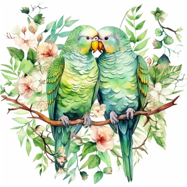 watercolor clipart, two green Budgerigar Parrots in love with tropical gardens, sweet hearts around, watercolor sublimation design, Sublimation Clipart, hyper realistic, intricate detail, illustration style, isolated on white background for removing background, Super-Resolution, Megapixel