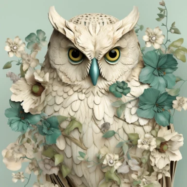 owl, Cream Ivory and jade flowers, Leaves, vintage Pastel Cream Background, Smoke Petals, Maximalist, Hyper Detailed, 3D rendered, 8k polished, Hyper Realistic Intricate details, hyper realistic, intricate detail, painting, shabby chic, clipart