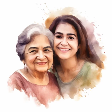 smiling old hispanic mom and adult hispanic daughter with watercolor effect, realistic faces, mothers day, suitable for digital clipart, magic scene, white background