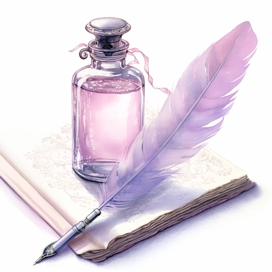 watercolor, hyper realistic, white background, white margins, 16k, ultra detailed clipart, cut out image, hand-drawn, whimsical manhwa style, ultra HD, sharp and clean art A quill pen with a heart-shaped tip dipping into a bottle of ink, next to a book with a delicate lace bookmark, set against a background of pale pink and soft beige.