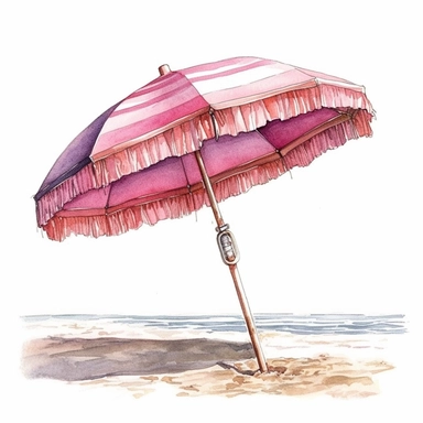 watercolour illustration beach umbrella pink themed colours, highly detailed, clipart, white background, contour, clear outline