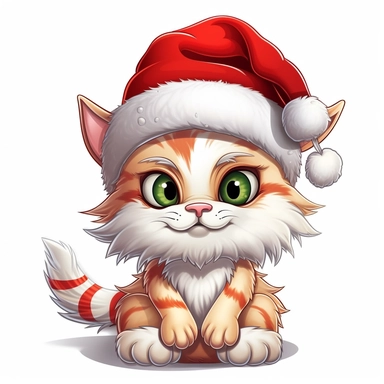 clipart digital svg cartoon of cute and cheeky cat with a Christmas hat, on a white background no shadow
