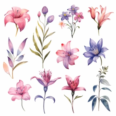 Watercolor La Fleur - Modern Botanicals, Various expressions and emotions, clipart, isolated on white background