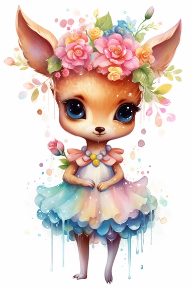 cartoon miniature squishy fey deer with flowers on her dress clipart, in the style of glitter, dreamy watercolor scenes, victorina durán, david nordahl, party kei, cottagepunk, skottie young, on white bqckground