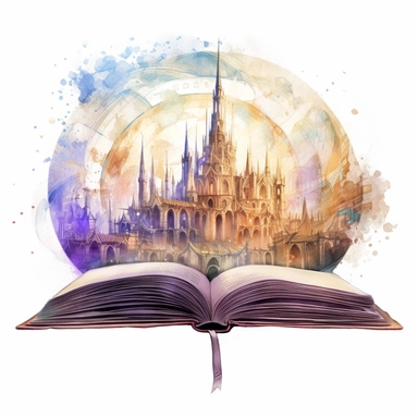 Solid white background, minimalist detailed watercolor open ancient magic book that has an image of an elvish city with stunning architecture , clipart. The visable pages of the book have sketched magic circles on them visibly