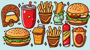 fast food vector clipart vector fast food cute collection, in the style of #screenshotsaturday, flat areas of color, flat color blocks, 1970–present, rough-edged 2d animation, lightbox, colorful animation stills