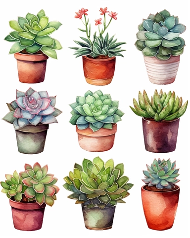 Succulents in pot Watercolor Cliparts Illustrations isolated on white background “Photorealism” taken with macro lens 100 mm on a full-frame camera