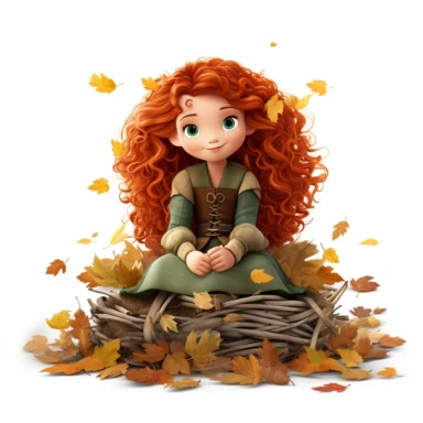 A beautiful merida from disney sitting on so many mapple leaves, smiling, halloween, full body image, pixar style, clipart, white background, fall scene