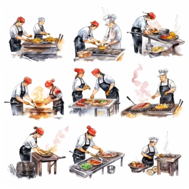 watercolor, Meat, fish, vegetable, and sauces chefs at work in the restaurant. Professional cooks and culinary workers prepare and cook different dishes in the kitchen. png Full body realistic cartoon in 32K UHD cute. 15 cm thick outline. Black color. There was no shadow on the ground. 8k with realistic watercolors and detailed illustrations. PNG clipart, transparent white background