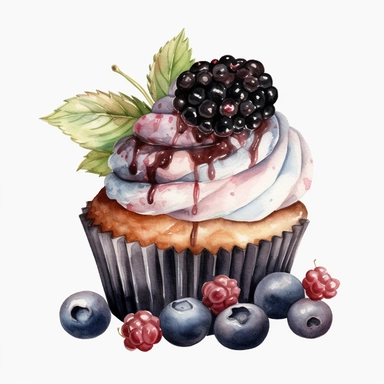 watercolor black berry cupcake clipart, hd