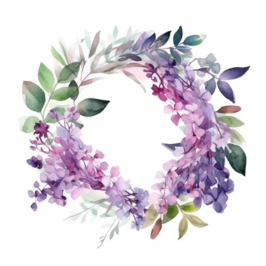 lilac flower wreath in white and purple color, lilac bush leaves, watercolor clipart, bright colors, isolated white background, 8k
