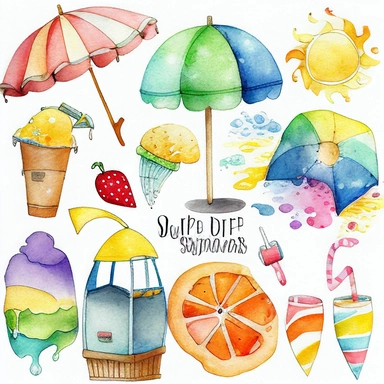 Please create a series of watercolor and pencil drawing clipart illustrations featuring different items related to summer. Each illustration should be drawn in a charming and playful style that captures the beauty and vibrancy of the season. Items to include can be beach umbrellas, flip flops, sunglasses, ice cream cones, sandcastles, and seashells. Please use a combination of watercolor and pencil drawing techniques to create a unique and artistic look. Additionally, please incorporate some gol