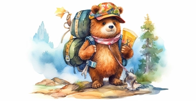 Adorable bear on adventure, camping gear, vivid colors, ornamental watercolour clipart, I can't believe how beautiful this is