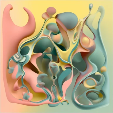Surrealist airbrush-style clipart image composed of flowing, organic shapes, each taking on one of the provided colors: deep sea green (#1d3537), soft coral pink (#e87c77), and vivid honey yellow (#f6c400). The shapes should interplay and merge in a dream-like manner, creating a sense of fluid movement and harmony within the image. The entire artwork is set against a crisp white background, providing stark contrast that accentuates the colors and shapes. The result should have the distinct softn