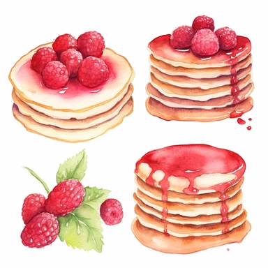 watercolor A clip art 4 set of images featuring raspberry pancakes isolated white background, minimalist, 8K