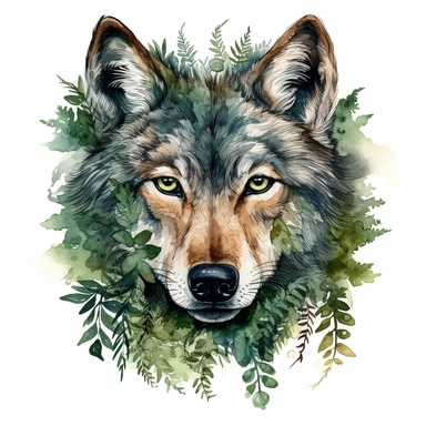 highly detailed glossy watercolor clipart,wolf head surrounded by green ferns, on white background