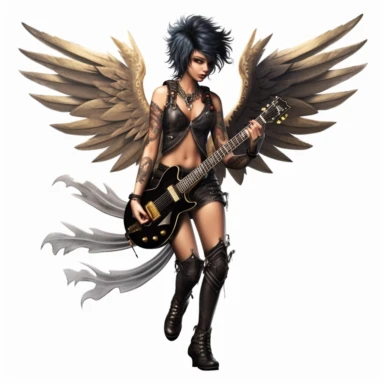 a beautiful fairy dressed as a punk, rock n roll punk rock star, big wings, clipart, full body image, hyper realistic,