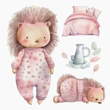 watercolor clipart set of cute childrens illustration of cute porcupine, pink pajamas, bed time