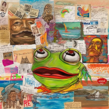 a mixed media colorful compostion of pepe the frog including sketches of big fish, sketches of men at the computer, a fish being killed, bonfires, maps, handwritten cursive love letters, newspaper clippings of presidential elections, sketches of snorklers in the style of davinci, photographs of beaches, small handwritten notes and tropical themes in the montage style of tony caramanico