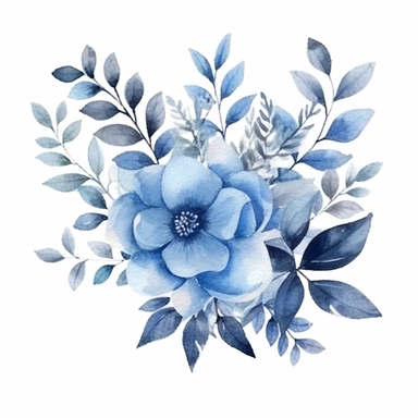watercolor, handpainted blue boho floral clipart, transparent background, spaced out--ar 3:2