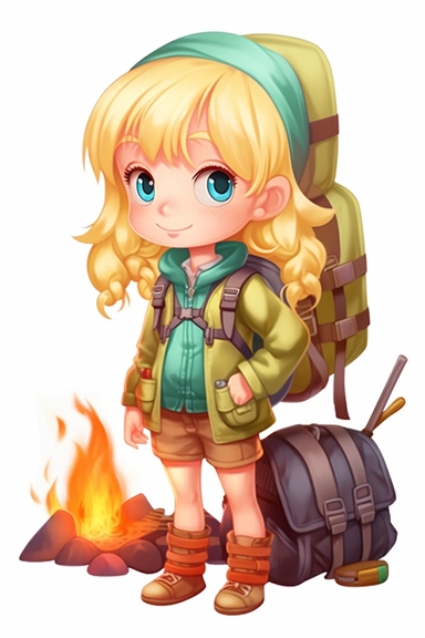cute girl age 3 years old blonde hair in a camping outfit, cartoon style, clipart, white background, transparent background