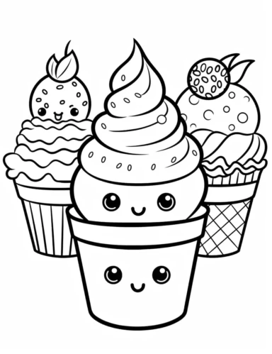 Kawaii Cake Icecream with delightful designs and flavors, like blueberry, chocolate chip, and banana For Simple Coloring page,line art, thick lines, black and white,clipart, illustration, on white background,margin Page 10px