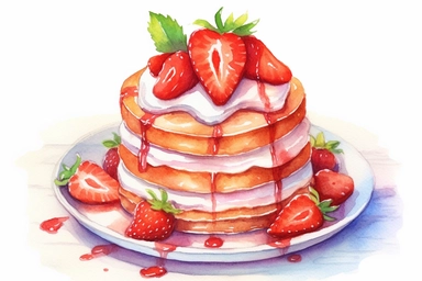 picturesque,a bright simple strawberry sponge cake on dish in family restaurant, mint, clipart on white background, watercolor style,detailing, high quality, painted by Beatrix Potter, 8k
