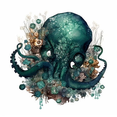 emerald illustration of a double exposure octopus & coral reef drawn with stones, clipart