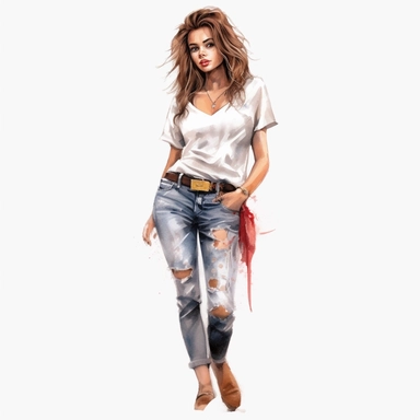glamour model posing, brown hair ripped jeans, full length, watercolour style, fine details, 8k clipart png transparent