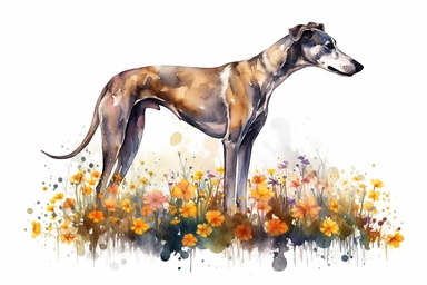 watercolor Vector hd clipart, greyhound full body in daisies, on white background, spaced out